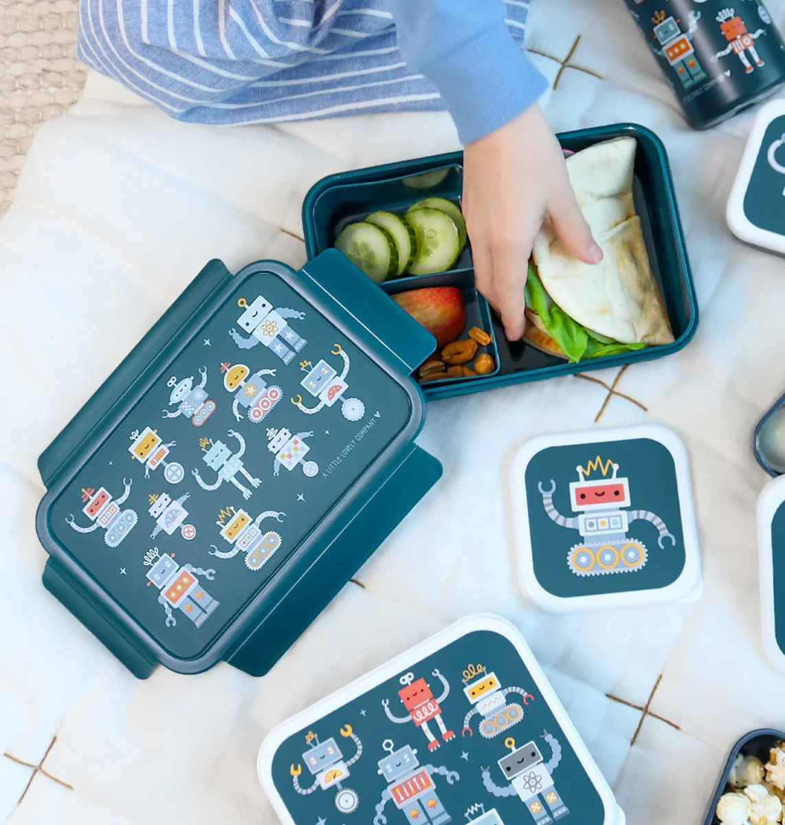 Bundel A Little Lovely Company Back to school set - Rugzak/Drinkfles RVS/4 Snackdozen/Bentobox - Robots - Afbeelding 9