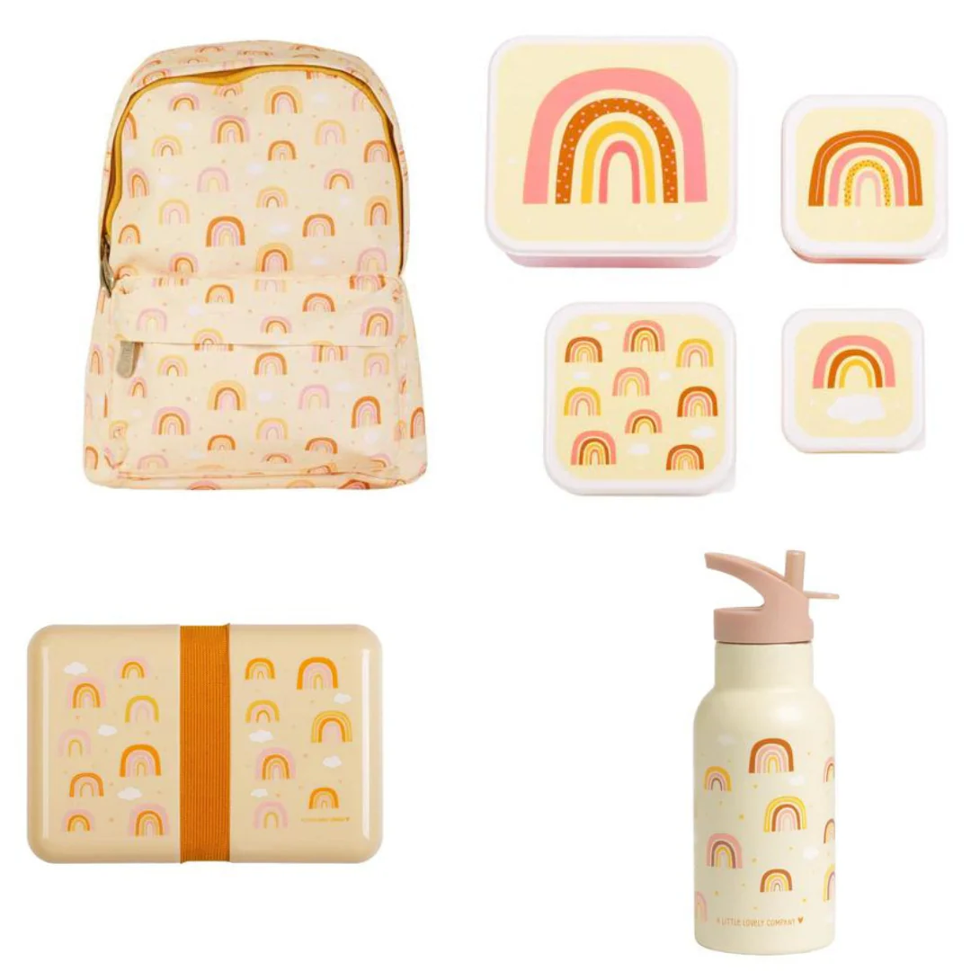 Bundel A Little Lovely Company Back to school set - Rugzak/Drinkfles RVS/4 Snackdozen/Lunchbox - Regenbogen