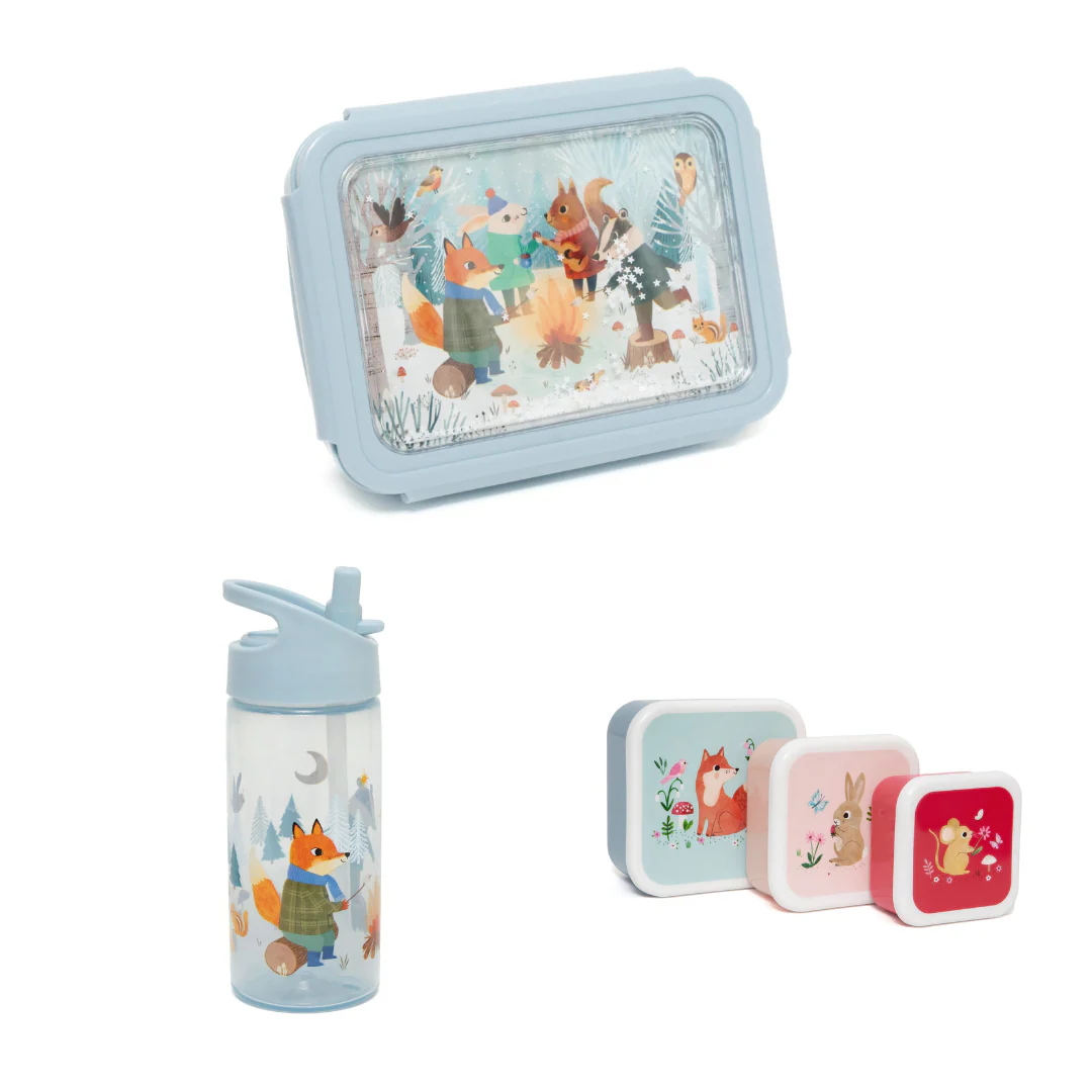 BEAU by Bo Petit Monkey Back to School set - Bentobox + Snackdozen + Drinkfles Woodland/Bonfire - Stone Blue/Animals